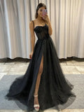 Black A-Line Tulle Sequin Long Prom Dress Spaghetti Strap Formal Evening Dress with Silt HZ1024