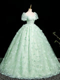 Mint Green A-Line Puff Sleeves Tulle Lace Long Prom Dress Formal Dress HZ1024