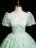 Mint Green A-Line Puff Sleeves Tulle Lace Long Prom Dress Formal Dress HZ1024