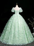 Mint Green A-Line Puff Sleeves Tulle Lace Long Prom Dress Formal Dress HZ1024