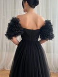 Sexy Off-shoulder Tulle Long Prom Dresses Elegant Formal Evening Dresses with Slits HZ1024