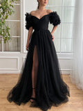 Sexy Off-shoulder Tulle Long Prom Dresses Elegant Formal Evening Dresses with Slits HZ1024