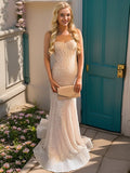 Pearl Pink Mermaid Spaghetti Straps Glitter Sequin Train Prom Dresses HZ1024