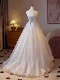 A-Line Sweetheart Tulle Champagne Long Prom Dresses Beaded Sequins Sweet 16 HZ1024
