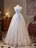 A-Line Sweetheart Tulle Champagne Long Prom Dresses Beaded Sequins Sweet 16 HZ1024
