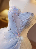 A-Line Sweetheart Tulle Champagne Long Prom Dresses Beaded Sequins Sweet 16 HZ1024