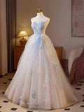 A-Line Sweetheart Tulle Champagne Long Prom Dresses Beaded Sequins Sweet 16 HZ1024