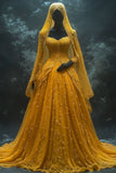 Yellow Strapless A-Line Tulle Lace Applique Long Prom Dresses Glam Wedding Dresses HZ1024