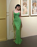 Green Spaghetti Strap Mermaid Prom Dresses Sparkling Beaded Sequins Long Evening Dresses with Open Back HZ1024