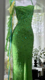 Green Spaghetti Strap Mermaid Prom Dresses Sparkling Beaded Sequins Long Evening Dresses with Open Back HZ1024