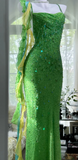 Green Spaghetti Strap Mermaid Prom Dresses Sparkling Beaded Sequins Long Evening Dresses with Open Back HZ1024