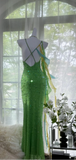 Green Spaghetti Strap Mermaid Prom Dresses Sparkling Beaded Sequins Long Evening Dresses with Open Back HZ1024