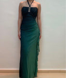 Green Chiffon Sheath Party Dress Elegant Halter Long Evening Dress with Ruffles HZ1024