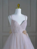 V Neck Tulle Pink Long Prom Dress, Pink Tulle Long Formal Dress HZ1024