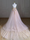 V Neck Tulle Pink Long Prom Dress, Pink Tulle Long Formal Dress HZ1024