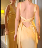 Yellow Satin Sheath V Neck Backless Party Dress Sexy Elegant Evening Dress HZ1024