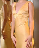 Yellow Satin Sheath V Neck Backless Party Dress Sexy Elegant Evening Dress HZ1024