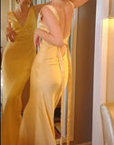 Yellow Satin Sheath V Neck Backless Party Dress Sexy Elegant Evening Dress HZ1024