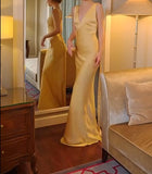 Yellow Satin Sheath V Neck Backless Party Dress Sexy Elegant Evening Dress HZ1024