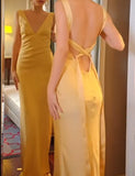 Yellow Satin Sheath V Neck Backless Party Dress Sexy Elegant Evening Dress HZ1024
