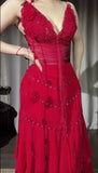 Red V-Neck A-Line Chiffon Tiered Party Dress Shiny Beaded Evening Dress HZ1024
