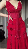 Red V-Neck A-Line Chiffon Tiered Party Dress Shiny Beaded Evening Dress HZ1024