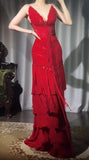 Red V-Neck A-Line Chiffon Tiered Party Dress Shiny Beaded Evening Dress HZ1024