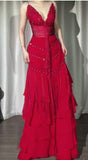 Red V-Neck A-Line Chiffon Tiered Party Dress Shiny Beaded Evening Dress HZ1024