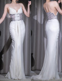 White Spaghetti Strap Mermaid Chiffon V-Neck Long Pro Dresses Vintage Backless Evening Dress HZ1024