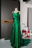 Emerald Green Spaghetti Straps Satin Long Prom Dresses Simple Train Backless Evening Dress HZ1024