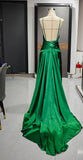 Emerald Green Spaghetti Straps Satin Long Prom Dresses Simple Train Backless Evening Dress HZ1024