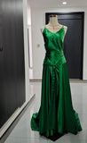 Emerald Green Spaghetti Straps Satin Long Prom Dresses Simple Train Backless Evening Dress HZ1024