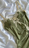 Olive Green Spaghetti Straps Satin Party Dress Vintage Lace Applique Chiffon Mermaid Evening Dress HZ1024