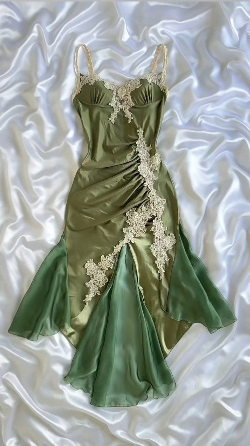 Olive Green Spaghetti Straps Satin Party Dress Vintage Lace Applique Chiffon Mermaid Evening Dress HZ1024