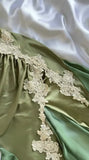 Olive Green Spaghetti Straps Satin Party Dress Vintage Lace Applique Chiffon Mermaid Evening Dress HZ1024