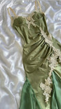 Olive Green Spaghetti Straps Satin Party Dress Vintage Lace Applique Chiffon Mermaid Evening Dress HZ1024