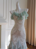 Mint Green Spaghetti Straps Chiffon Ruffled Prom Dresses Shiny Beaded Sequined Backless Evening Dresses HZ1024