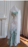 Mint Green Spaghetti Straps Chiffon Ruffled Prom Dresses Shiny Beaded Sequined Backless Evening Dresses HZ1024