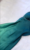 Gradient Teal V-neck Spaghetti Strap Satin Party Dresses Elegant Backless Prom Dress HZ1024
