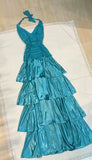 Turquoise Chiffon Halter A-line Long Prom Dresses Sweet Backless Tiered Satin Party Dresses HZ1024