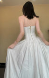 White Strapless Satin Pleated A-Line Bridesmaid Dresses Elegant Backless Evening Dresses with Slit HZ1024