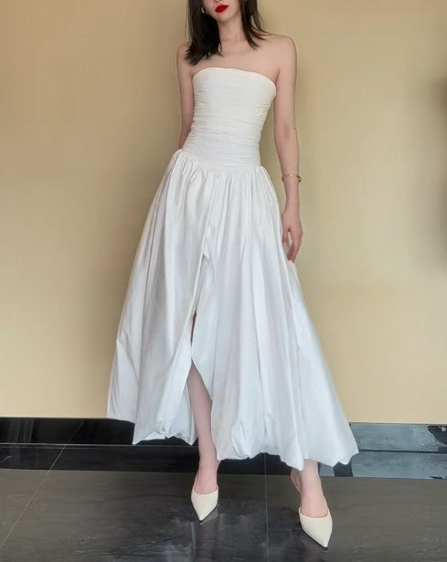 White Strapless Satin Pleated A-Line Bridesmaid Dresses Elegant Backless Evening Dresses with Slit HZ1024