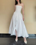 White Strapless Satin Pleated A-Line Bridesmaid Dresses Elegant Backless Evening Dresses with Slit HZ1024