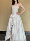 White Strapless Satin Pleated A-Line Bridesmaid Dresses Elegant Backless Evening Dresses with Slit HZ1024
