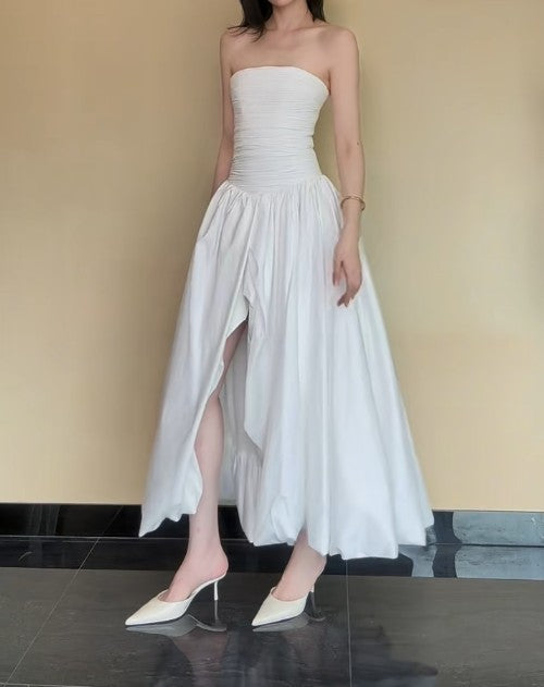 White Strapless Satin Pleated A-Line Bridesmaid Dresses Elegant Backless Evening Dresses with Slit HZ1024