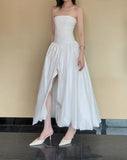 White Strapless Satin Pleated A-Line Bridesmaid Dresses Elegant Backless Evening Dresses with Slit HZ1024