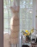 Pearl White V-neck Chiffon Beaded Evening Dresses Simple Wedding Guest Dresses with Embroidered Appliques HZ1024