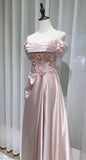 Pink Off-the-shoulder A-Line Satin Long Evening Dresses Sweet 16 Prom Dresses HZ1024