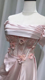 Pink Off-the-shoulder A-Line Satin Long Evening Dresses Sweet 16 Prom Dresses HZ1024