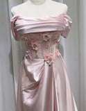 Pink Off-the-shoulder A-Line Satin Long Evening Dresses Sweet 16 Prom Dresses HZ1024
